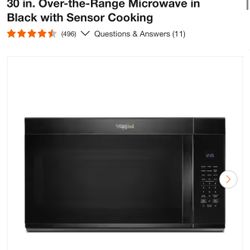 Whirlpool 30 in. Over-the-Range Microwave in Black with Sensor Cooking