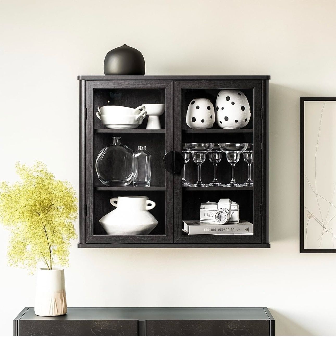 Black Tempered Glass Display Wall Storage Cabinet,Bathroom Wall Cabinet,Wall Mounted Cabinet with Curved Edges, Floating Cabinet with Adjustable Shelv