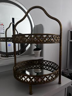 2-Tier Gold Metal Mirrored Vanity Tray Stand