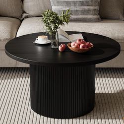 Black Round Coffee Table with Metal Frame, 35.4" Coffee Tables for Living Room, Circle Wood Accent Center Table for Apartment