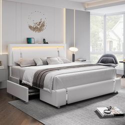 Queen Bed Frame with RGB LED Lights Headboard & 2 Storage Drawers, Modern Upholstered Faux Leather Smart Platform Iron Metal Decor, USB USB-C Charging