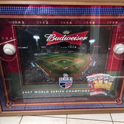 2007 Budweiser Red Sox World Series Champions Shadowbox Display 2004 And 2007 Official World Series, With (4) World Series Tickets , 101cm wide, 78cm 