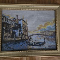Framed Venice Canals Cross Stitch Needle Point Art 