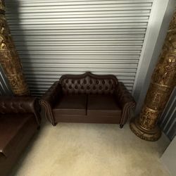 Chesterfield 3-seater sofa in brown faux leather with tufted back and rolled arms