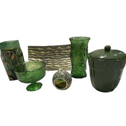 6pc Bundle Green Gold Home Decor Accent Piece Ceramic Canister Candle Holder Vase Decorative Tray