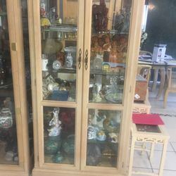 4 GLASS SHELVES CURIO FLOOR CABINET / NATURAL WOOD LIGHTED