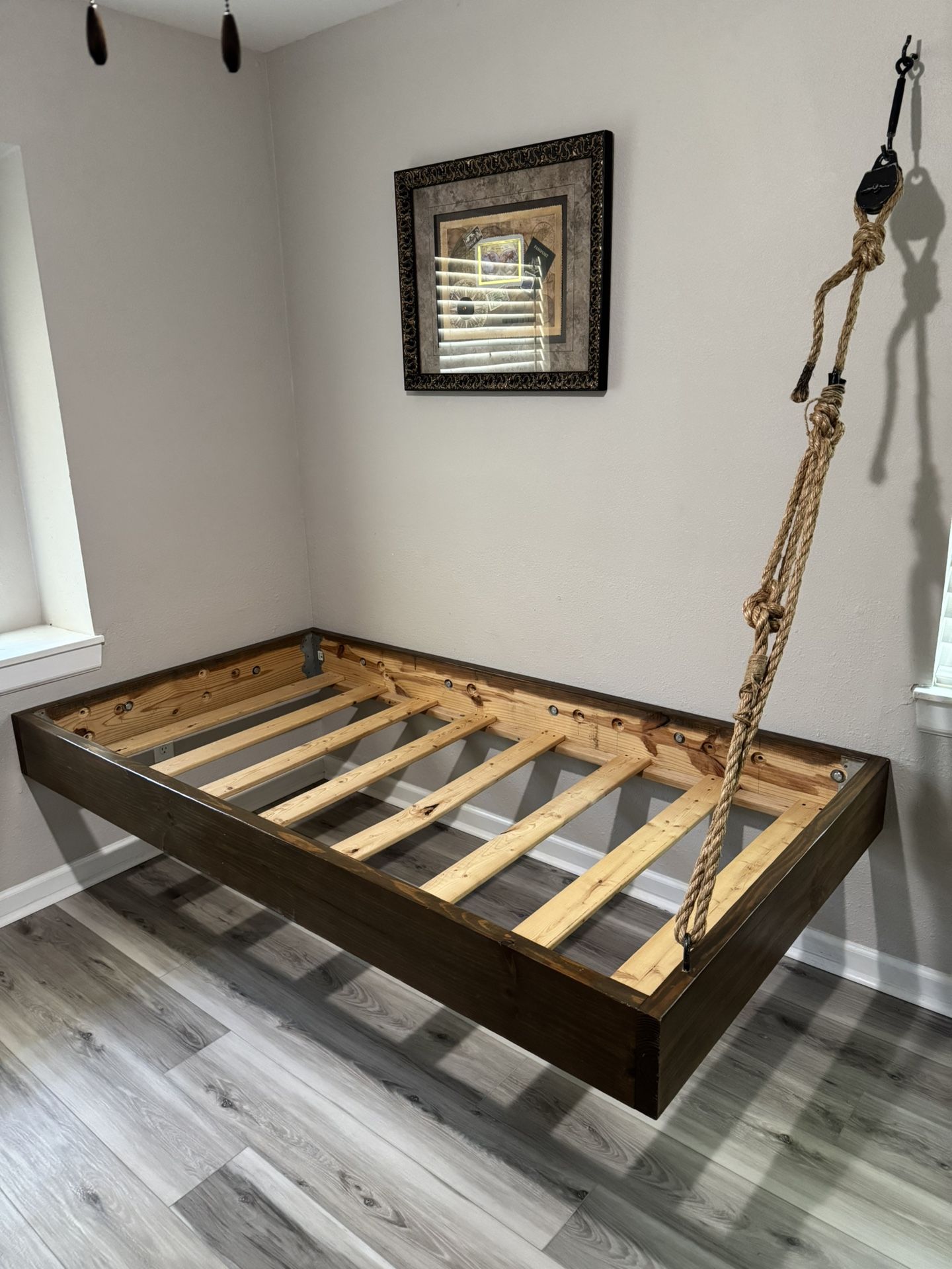 Kids Floating Bed frame & Hanging Shelves With Rope