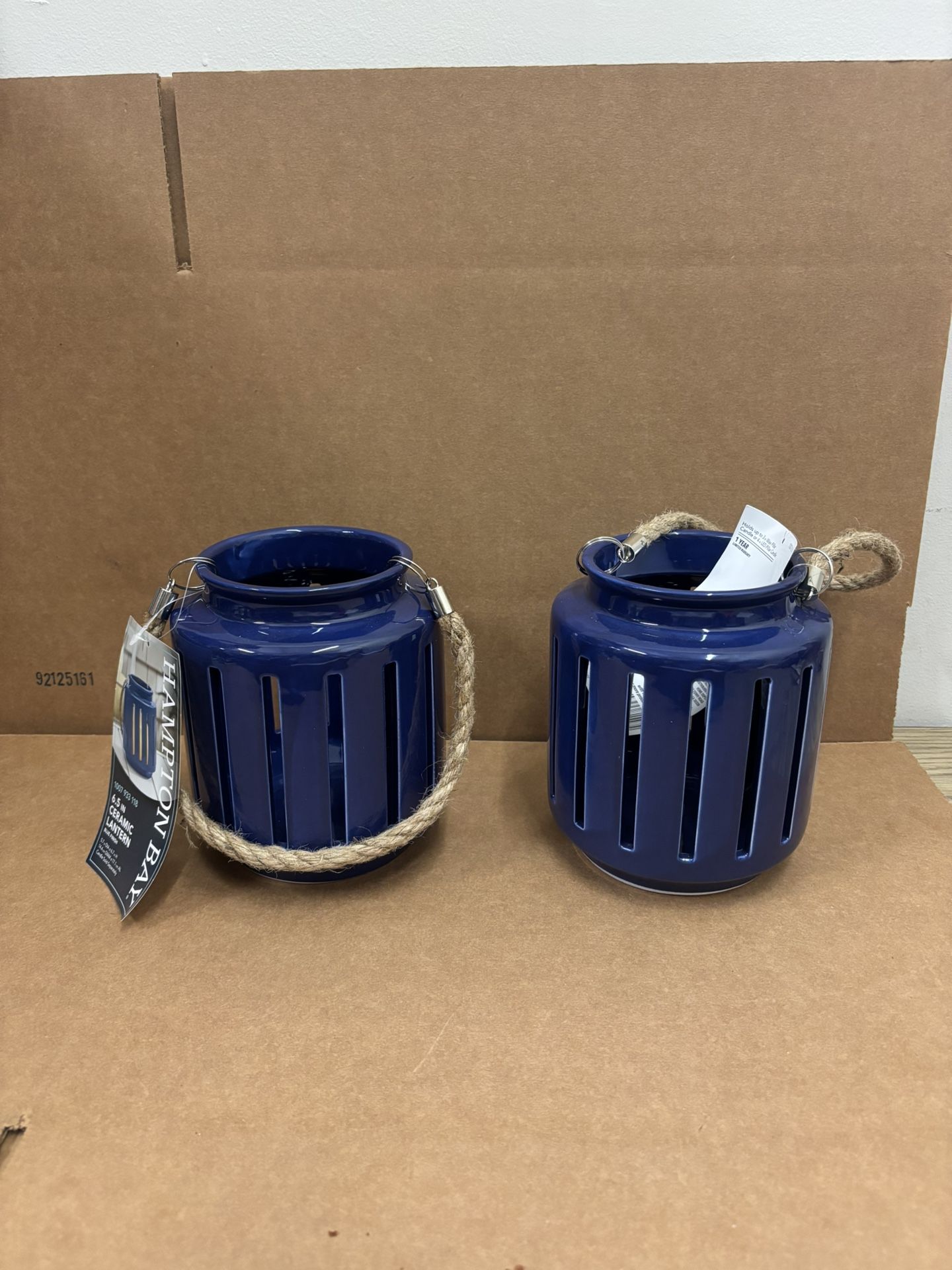 New Pair of 6.5” Blue Outdoor Patio Ceramic Lanterns with Rope Handles