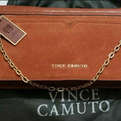 Vince Camuto Leather Purse Handbag Clutch Gold Chain Handle Hardware Magnetic Closure Med Size With Dust Bag Suede & Pebbled Leather NEW Discontinued 