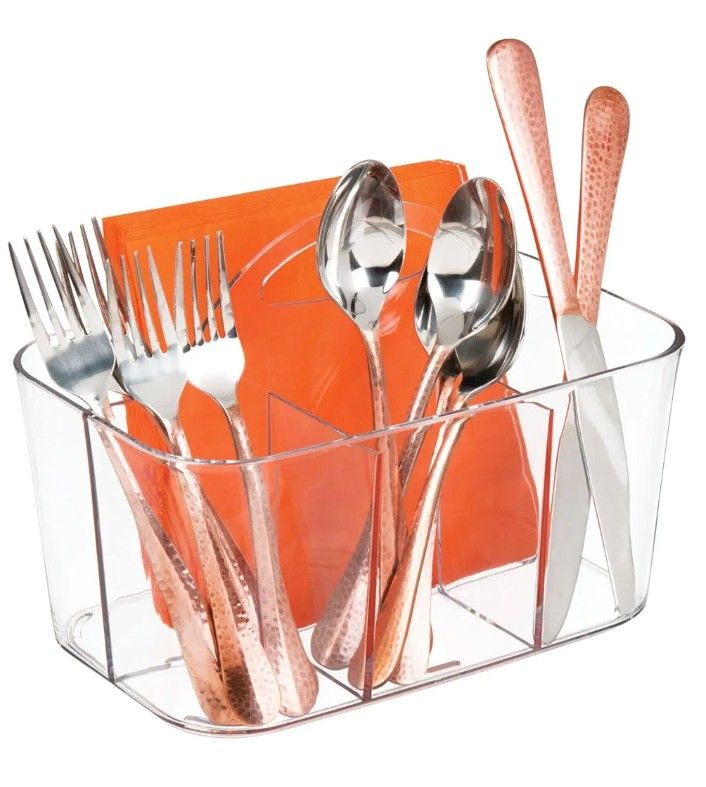 Brand New Plastic Cutlery Storage Organizer Caddy Bin Tote with Handle - Kitchen Cabinet Divided Pantry Basket for Forks, Knives, Spoons, Napkins