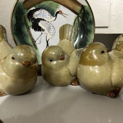 Set Of Three Green Porcelain Doves Posing