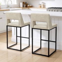 Counter Height Bar Stools Set of 2 for Kitchen Counter Modern Bar Chairs with Backs for Kitchen Island with Upholstered Faux Leather Seat and Metal Fr