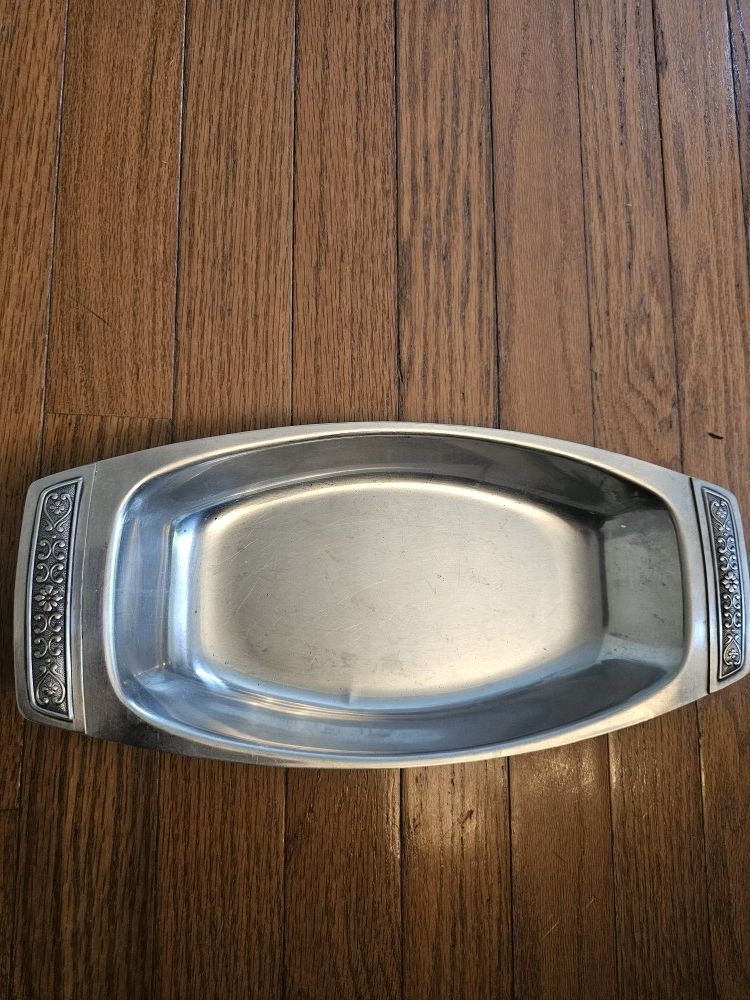 $10.00 - 1960's Serving Tray, Floral embossed Handle Design Accents!  Stainless Steel/Great Condition!