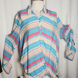 Sz Large Viscose CONVERTIBLE SLEEVE BLOUSE 9 WEST JEANS SURPLICE ACCNT HI-LO HEM