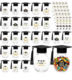 25 Pcs Graduation Cap Candy Jars with Tassels & Stickers