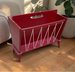 Vintage Mid-Century Modern Red Wood & Wire Magazine Rack - Atomic MCM