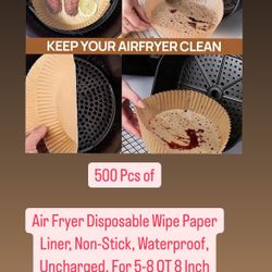500 Pcs Air Fryer Disposable Wipe Paper Liner, Non-Stick, Waterproof, Uncharged, For 5-8 QT 8 Inch Round Air Fryer Models, Pre-Cut Line