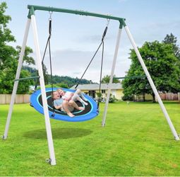 Hapfan 50-inch Large Saucer Swing with Stand for Children and Heavy-duty metal swing frame, 6.5 feet tall, 500 Ib capacity, heavy-duty backyard play s