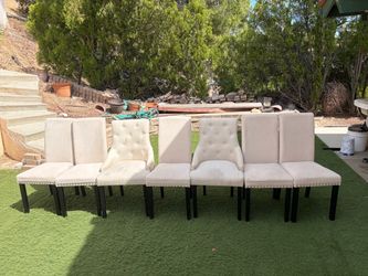 Elegant Cream Upholstered High-Back Dining Chairs – Nailhead Trim
