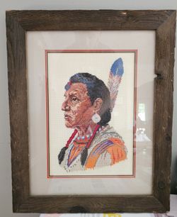Vintage Needlepoint Native American Indian Chief Portrait Framed Artwork 21.75x17.5"