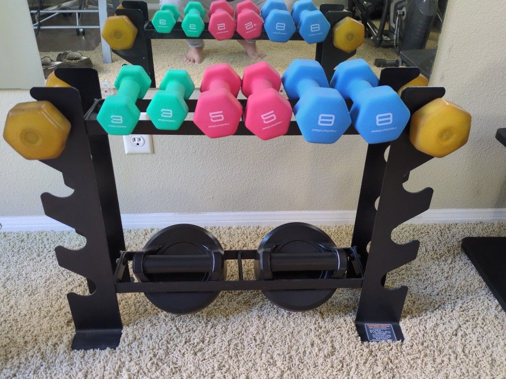 Dumbbell Rack With Sets Of Dumbbells, Bonus - Pushbars