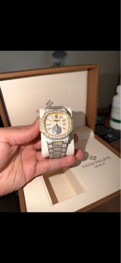Custom iced Nautilus-style watch, lab diamonds, gold-plated steel, box + receipt