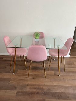 Chic Gold Dining Room Set with Tempered Glass Table