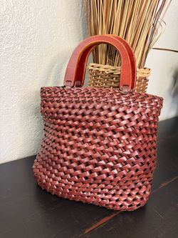 VTG Y2K Fossil Handcrafted Woven Leather Mini Bag Purse with Wooden Handles