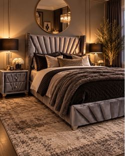 Gray Velvet Upholstered Bed Frame with Nightstand