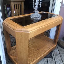 Oak End Table With Glass Top