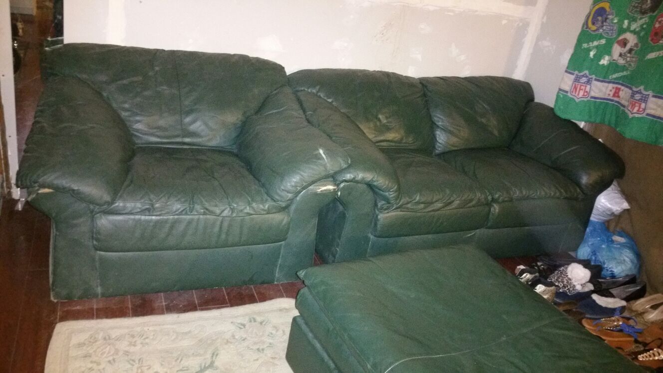 Green leather love seat chair & ottoman