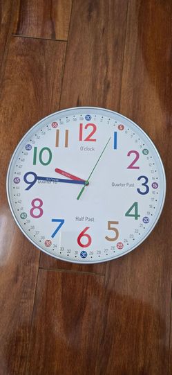 12 Inch Colorful Numbers Teaching Wall Clock, Silent Non Ticking Battery Operated