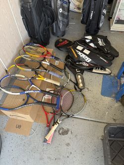 LOT OF 10 TENNIS RACKETS AND TONS OF CASES
