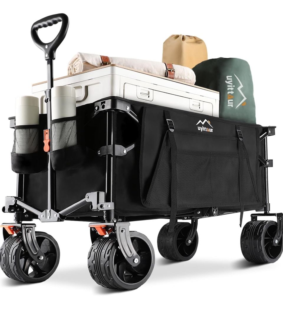 Uyittour Collapsible Folding Wagon Cart Heavy Duty Foldable, Beach Wagon with Big Wheels for Sand, Utility Grocery Wagon with Side Pocket and Brakes f