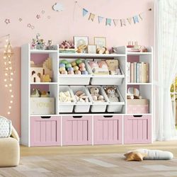 3 Tier Kids Bookcase with Toy Storage Organizer, Wood Toy Organizer of 6 Boxes & 4 Removable Drawers, Pink