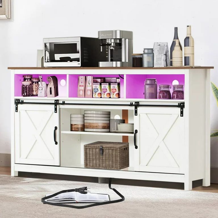 4 Layer Farmhouse Coffee Bar Cabinet With Power Outlet & LED Light 57