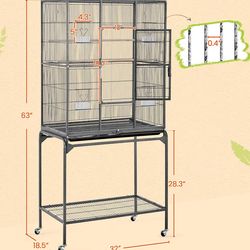 63-Inch Wrought Iron Rolling Large Bird Cage for African Grey Small Quaker Amazon Parrots Canary Bird Flight Cage
