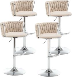 Velvet Bar Stools Set of 4, Swivel Counter Height Bar Stools with Back, Adjustable Woven Barstools for Kitchen Island, Pub, Club (Beige)