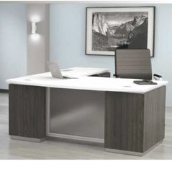 L Shaped Desk With Glass Modesty And Pedestal 