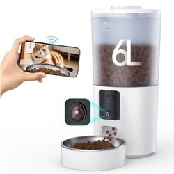 Automatic Cat Feeder w/ Camera, 2-Way Audio, App Control, 6L WiFi Pet Food Dispenser