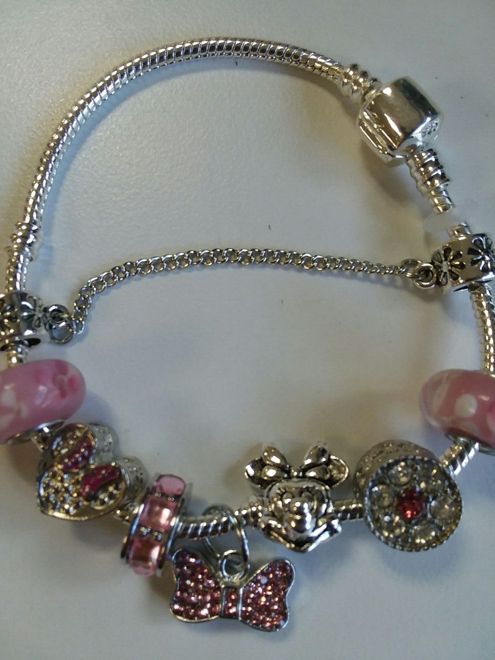 Pretty PINK Minnie Mouse Charm Bracelet With Beaded Crystals