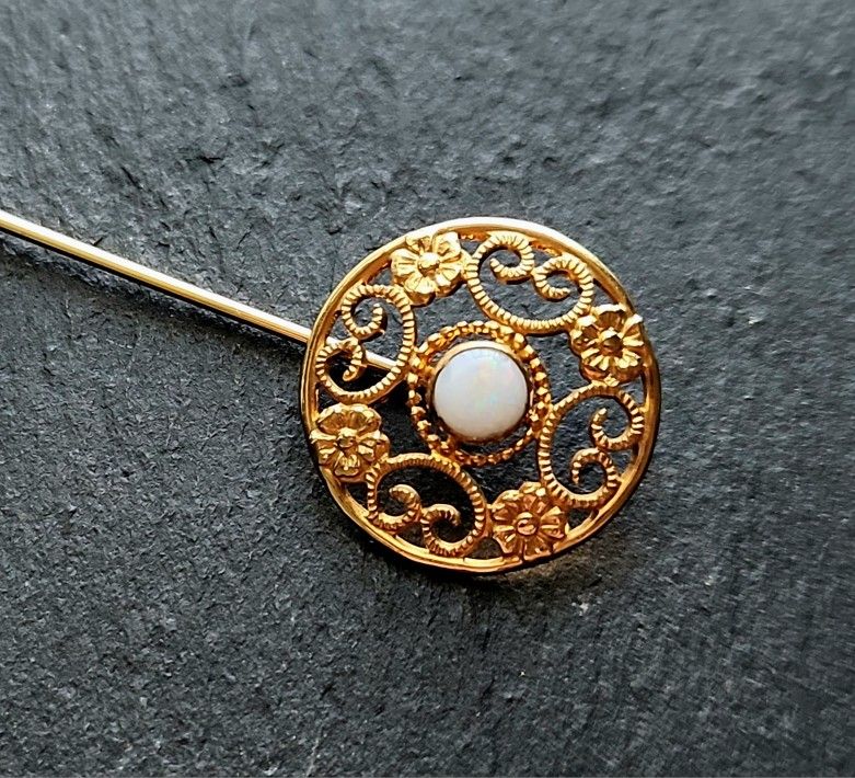Antique 12K Gold Filled Filigree White Opal Victorian Style Stick Pin, Van Dell
