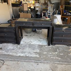 3 pieces total pair of nightstands/ end table with matching desk/ sofa table black distressed bamboo