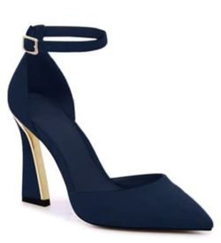 Juliet Holy Womens Pumps Point Closed Toe Heels Buckle Ankle Strap D'Orsay Blue, Gold Size 6.5 women