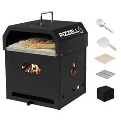 4 in 1 Outdoor Pizza Oven Wood Fired 12 inch Bbq Pizza Maker 2-Layer Detachable, Black