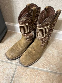 Ariat Men's Sport Patriot Western Boots in brown suede with digital camo shafts and American flag patches.
