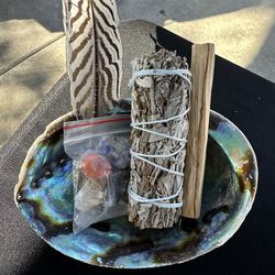 New, Beautiful Smudging Set. Includes Sage, Palo Santo, Abalone Shell, Mixed Crystals And Feather.