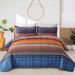 Boho Quilt. King Size, Blue and Orange. Bohemian