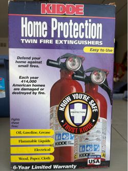 Kidde Home Protection Twin Fire Extinguisher Pack containing two red, disposable, dry chemical extinguishers.