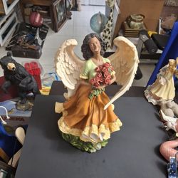 African American Angel Singing With A Bouquet Of Red Roses 🌹  High Quality Resin A Gorgeous Vintage Piece 16"H X 10"W 